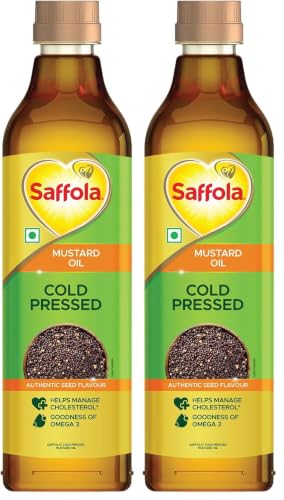 Image of Saffola Cold Pressed Mustard Oil | 100% Cold Pressed Mustard Seed Oil | Kachi ghani Mustard Oil, 0 trans fat, Unrefined, Chemical free | Helps Manage Cholesterol, Goodness of Omega 3 with Authentic Seed Flavour | 1L Pet Bottle