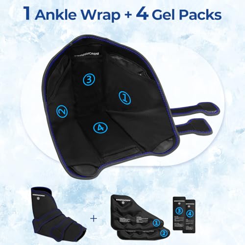 Image of KingPavonini Ankle Foot Ice Pack Wrap for Sprained Ankle /Surgery Recovery, Reusable Gel Ice Packs for Feet Injuries, Plantar Fasciitis, Achilles Tendonitis, Hot /Cold Therapy, XL (1 Wrap+4 Gel Packs)