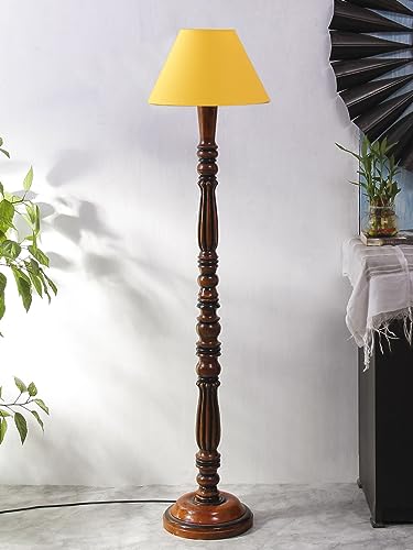 Image of Floor Lamp with Wooden Base - Height 55 inch, Yellow | Modern Standing Lamp for Living Room, Bedroom & Office | Stylish & Elegant Home Lighting Decor | Tall Decorative Lamp