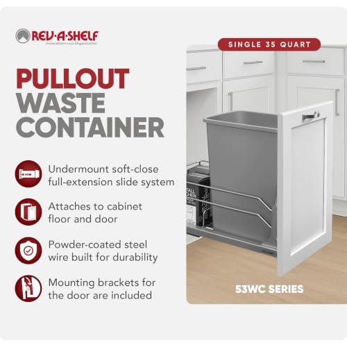 Image of Rev-A-Shelf 35 Qt Pull Out Trash Can with Soft Close for Under Kitchen Cabinets, Min Opening Width of 11.5 inch, Metallic Silver, 53WC-1535SCDM-117
