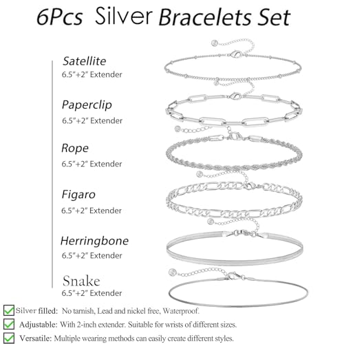 Image of VAMA FASHIONS Trendy 6 Pcs Silver Plated Bracelets Hand Jewelry Paperclip Rope Snake Figaro Herringbone Beads Chain Bracelets Set For Girls & Women