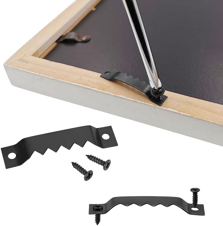 50 Pack Small Metal Sawtooth Picture Hangers with 100 Screws for Hanging Clock Paintings Artwork Picture Frame Hook Photos (Black)