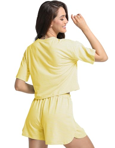 Image of Split Short Pajama Set Soft Women's Striped Pajama Sleeve Tee & Elastic Waist Shorts Lounge Sleepwear Yellow