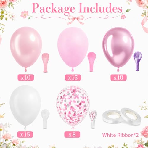 Image of Pink and White Balloons, 60 Pcs 12 Inch White Metallic Pink Latex Balloons with Silver Confetti and Double Stuffed Pearl for Baby Shower Birthday Party Decorations