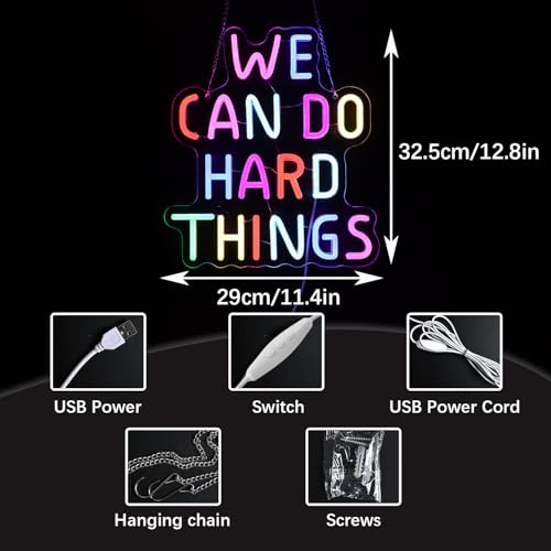 Image of We Can Do Hard Things Neon Sign for Teachers - Dimmable Multicolor Letter Classroom Light with Wired Dimmer, 11.4x12.8 in, Includes 4 Wall Anchors - Back to School Teacher Gift