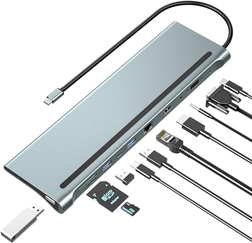 Image of USB HUB USB C Docking Station, 11 in 1 Dual Monitor Docking Station USB Dock of HDMI, VGA, Multiport Adapter with Ethernet, USB C 3.0, SD /TF, PD USB C, 3 USB A for All PC (USB C to 11 in 1 HUB)