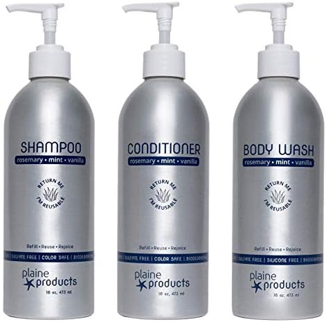 Eco-Friendly Shampoo and Conditioner and Body Wash - Rosemary, Mint, Vanilla - 16oz (Refillable Bottles with Pumps)