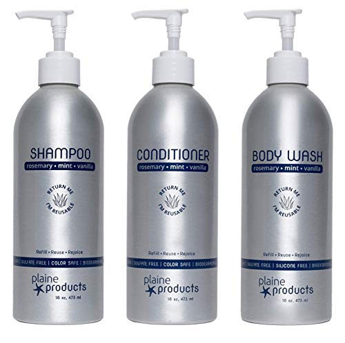 Eco-Friendly Shampoo and Conditioner and Body Wash - Rosemary, Mint, Vanilla - 16oz (Refillable Bottles with Pumps)