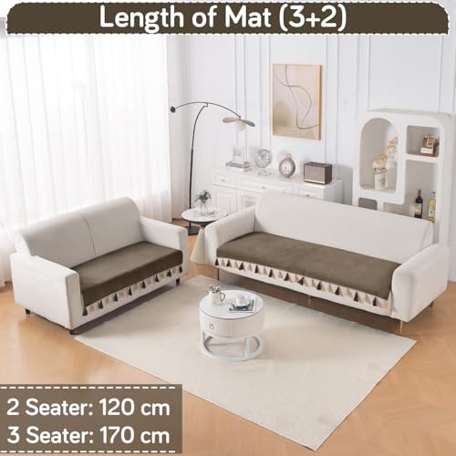 Image of HOKIPO 5 Seater Sofa Cover with Tassel in 3+2 Configuration | Dyed Holland Velvet Fabric | 'TasselTone Series' | Coffee Brown (IN-1108+1106-CF)