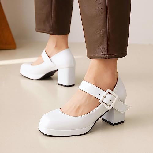 SHEMEE Women's Square Toe Mary Janes Chunky Heels Platform Shoes Ankle Strap Buckle Block High Heel Dress Pumps2