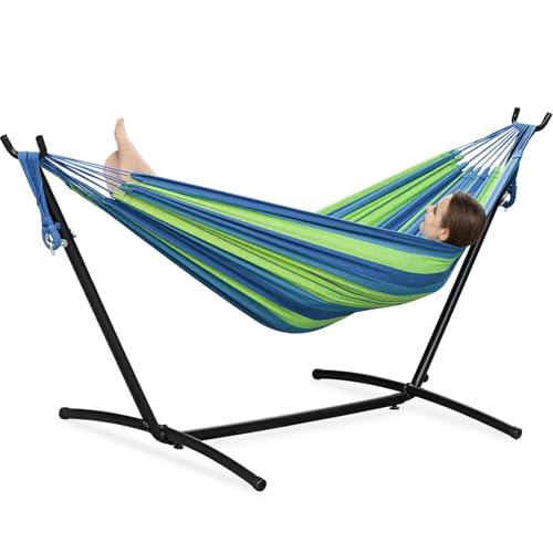Image of PNAEUT Double Hammocks with Stand for Outside, Portable Space Saving Heavy-Duty Steel Stand for Indoor Outdoor Patio with Sidebag, 450 lbs Capacity (Blue)