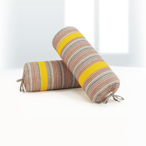 Image of AURAVE Woven Cotton 144 TC Printed Bolster Cover with Drawstring Closure, Set of 2, Soft Breathable Durable Machine Washable for Sofa Bed & Home Decor, 15 inchx30 inch, Mustard | Cover Only
