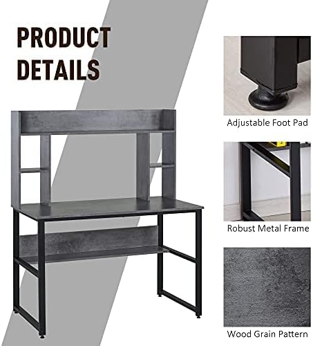 HOMCOM Office Computer Desk Writing Table Workstation with Storage Shelves, Decorative Hutches, & Strong Build, Grey