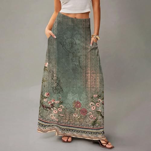 Maxi Skirts for Women 2025 Boho Elastic High Waisted Long Skirt with Pockets Summer Beach Flowy Floral Skirt3