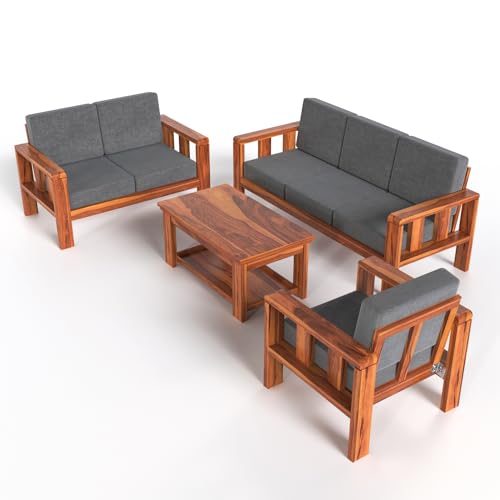 Image of Sheesham Wood Sofa Set 6 Seater Sofa for Home & Office Furniture | Solid Wooden 6 Seater Sofa Set for Living Room, 3+2+1 Sofa Set in Natural Teak Finish