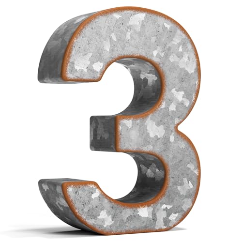 7" Galvanized Metal Number "3" Wall Decor, 3D Metal Numbers, Number Decor