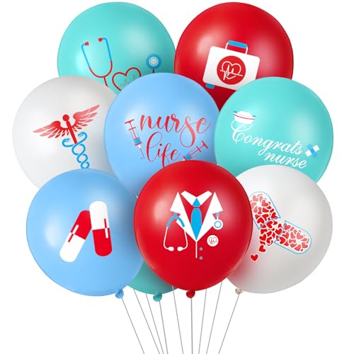 Skylety 48 Pieces Nurse Balloons 12 Inch Congrats Nursing Latex Balloons Bulk Party Decoration Supplies Nursing School Graduation Decoration for Happy Nurse Week Cna (Red Blue and White)