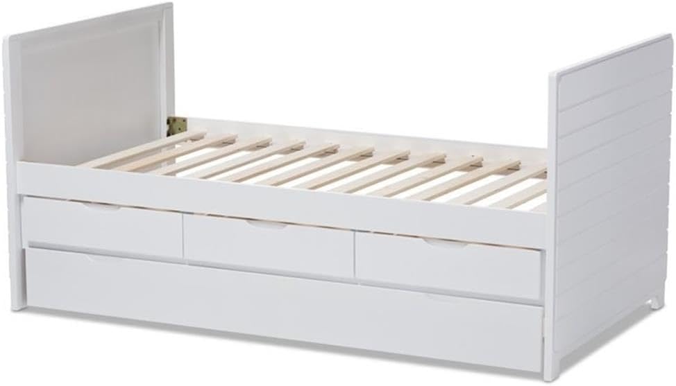 BOWERY HILL Wood Storage Daybed with Trundle, White Finish, 77.72 in x 41.97 in x 36.73 in, 3 Drawers, Horizontal Slatted Design, Modern Style for Bedroom, Guest Room or Children's Room