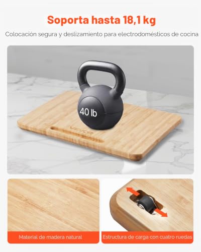 Miniatura 2 de Vevor Deslizador Para Electrodomésticos 267 X 330 X 21 Mm Bandeja Deslizante De Madera Grosor De 1,8 Cm Con Ruedas De Goma Y Asa Hueca Ideal Para Cafeteras Y Encimeras De Cocina, Color Madera