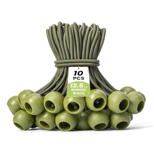Brotree Tensores Elásticos con Bola 10 Pack Cuerdas Elásticas Lonas 12.5 cm Gomas Tensoras para Lonas, Exterior, Trampolin, Sujecion - Verde Militar