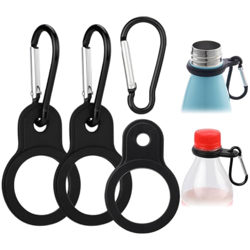 MIRKUZI Accessori per borracce sportive Confezione da 3 tappi per borracce, moschettone in silicone, portachiavi con gancio per borraccia per campeggio, escursionismo e attività all'aperto (nero)
