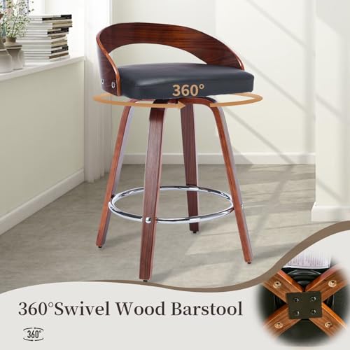 Butaco giratorio de 25 pulgadas con respaldo bajo, set de 2, estilo mid-century moderno, tapizado en cuero sintético negro, patas de madera nogal, para isla de cocina o comedor miniatura 4