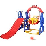 Kinder King 4 in 1 Toddler Slide and Swing Set, Kids Climber Slide w/ Basketball Hoop, Toddler Playset for Indoor Outdoor Backyard, Easy Set Up, Playground Freestanding Slide, Extra Ball, Blue & Red