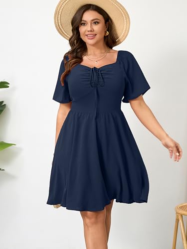 Image of RWJ Women Plus Size Summer Dress Short Sleeve Tie Front Sweetheart Neck Casual Mini Wedding Guest Dresses 2025