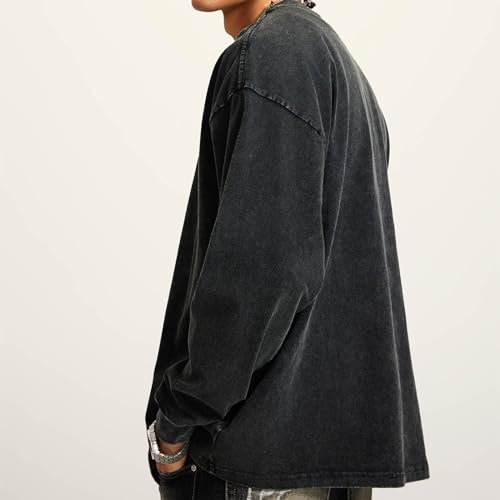 Bobeutou Vintage Oversized Crew Neck Sweatshirt for Men Long Sleeve Tshirt Basic Solid Color Tee Acid Wash Shirt Pullover Top2