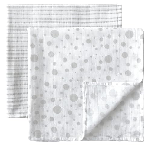 Image of MOZAH Organic Muslin Swaddle Blankets - Stripes & Dots - 2 Pack - for Baby Boy or Girl - Ideal for Newborns, Toddlers & Registry Essentials