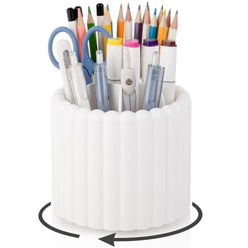 Image of Anyoifax 360 Rotating Pen Holder 7 Slots Desk Organizer Removable Pencil Cup Plastic Art Supplies and Accessories Desktop Storage Box Caddy for Office, School, Home (White)