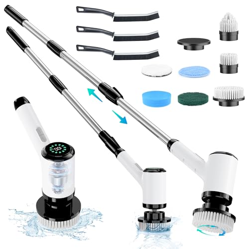 Electric Spin Scrubber: Cordless Power Spin Scrubber with Long Handle and Dual Speeds for Cleaning Bathroom Tub Tile Floor Include Cleaning Brush