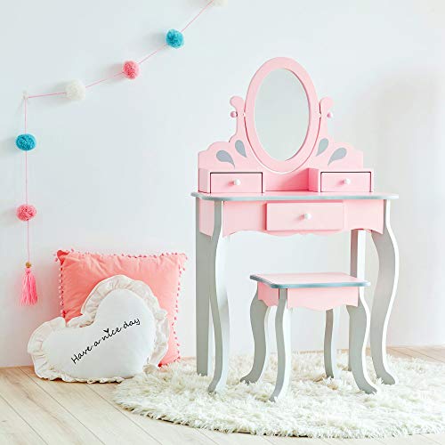Fantasy Fields Rapunzel Kids Dressing Tables Vanity Table With Mirror & Stool Pink & Grey UK-TD-12851A