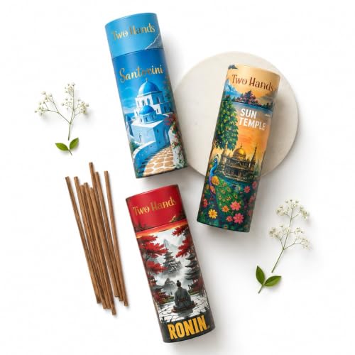 Image of Twohands Premium Bambooless Dhoop Sticks Combo Pack with Santorini, Ronin & Sun Temple fragrances. Charcoal-Free, Low-Smoke Sticks with Ceramic Stand for Pooja, Meditation, and Home Aroma