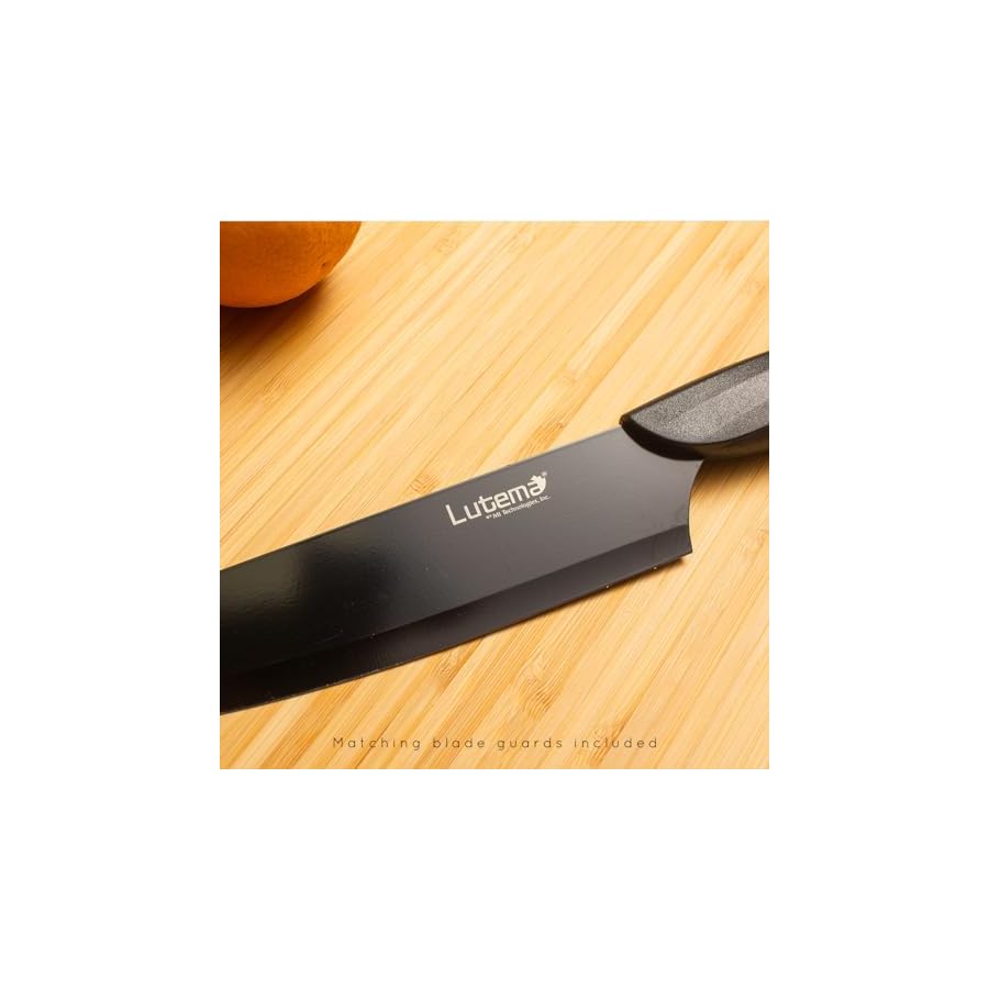 Lutema 12 Piece Black Kitchen Knife Set, Stylish Sharp Non-Stick Stainless Steel Blades with Included Guard