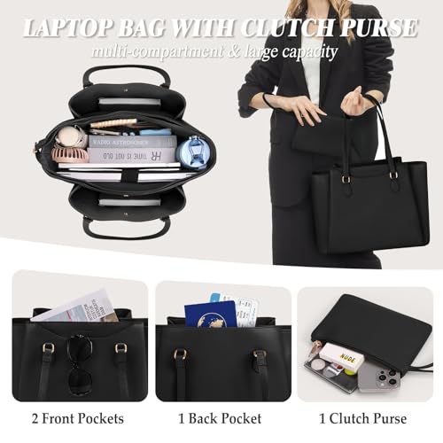 RAINSMORE Handtasche Damen 15,6 Zoll, Shopper Tasche Tote Bag Damen Groß mit Clutch, PU Leder Aktentasche Laptoptasche für Business, Schule, Arbeit, Schwarz