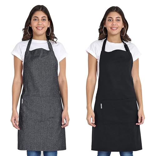 Mellow Buff 2 Pack Chef Aprons, Recycled Cotton Kitchen Apron with an Adjustable Neck with Long Ties, for cooking, baking | Charcoal & Black…
