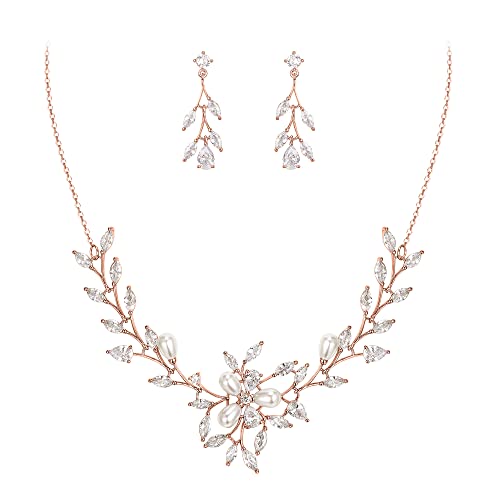 Image of EVER FAITH Wedding Cubic Zirconia Jewelry Set for Women, Marquise White Simulated Pearl Floral Vine Bridal Prom Necklace Earrings for Bride