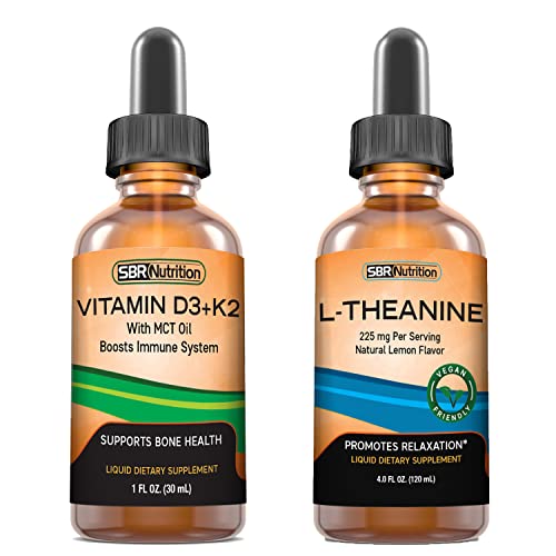 D3+K2 and L-Theanine Bundle by SBR Nutrition | Vitamin D3K2 (MK7) Liquid Drops, Peppermint, 1oz | L theanine 225mg Liquid Drops, 2oz | for Adults & Kids | Non-GMO, Gluten Free