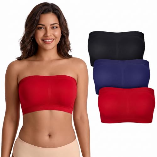 Image of Boao 3 Pcs Padded Bra | Padded Strapless Bra Seamless Non Slip Tube Crop Top Stretchy Casual