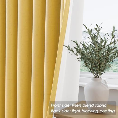 Image of Nanspring Gold Yellow 100% Blackout Linen Curtains 96 Inches Long for Bedroom Back Tab Thermal Insulated Modern Farmhouse Decor Black Out Curtain for Living Room Dining Room Drapes 52x96, 2 Panels