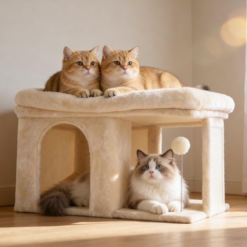 Heybly Kratzbaum, 35 cm Hoher Katzenbaum mit Großem Ruhebett und Gemütlichem Katzenhaus für Erwachsene Katzen, Inklusive Kratzpfosten und Interaktivem Plüschball, Beige HCT203SM