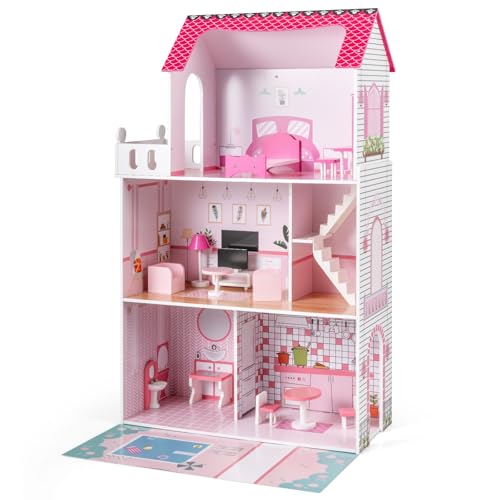 COSTWAY Maison de Poupée en Bois à 3 Étages avec 5 Pièces et 17 Meubles, Maison de Rêve avec Ascenseur, Autocollants Princesses, Jeu d’Imitation...