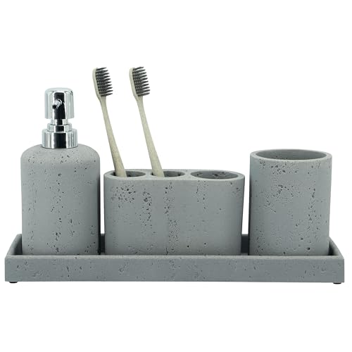 ZCCZ Juego de 4 Accesorios de baño Blanco y Negro con Dispensador de jabón, Soporte para Cepillo de Dientes, Vaso de baño y Bandeja de tocador, Organizador Decorativo para encimera