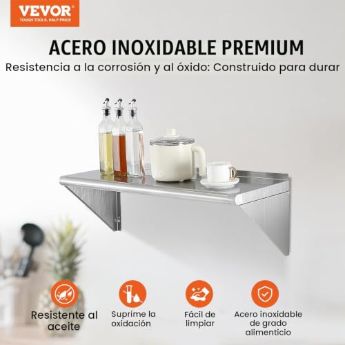 Miniatura 4 de Vevor Estante De Pared De Acero Inoxidable 915x305x63 Mm Estante Flotante Con Soporte Triangular Carga Máxima De 113 Kg Estantería De Pared Para Libros Portarretratos Plantas Oficina Baño Cocina