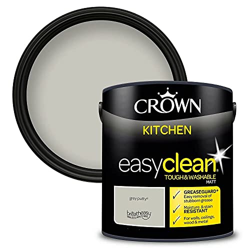 2.5L CROWN Easyclean Kitchen MATT Emulsion Multi Surface Paint With GREASEGUARD+ That can be Used on Walls, Ceilings, Wood and Metal. Stain & Scrub Resistant Formula – Grey Putty