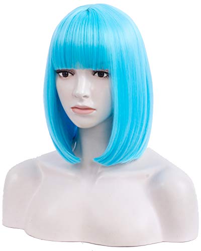 Netgo Short Bob Wigs for Women, Natural Looking Heat Resistant Straight Wigs with Bangs for Girls Ladies Cosplay Party Daily Wear Premium Durable (12 inch, Blue)