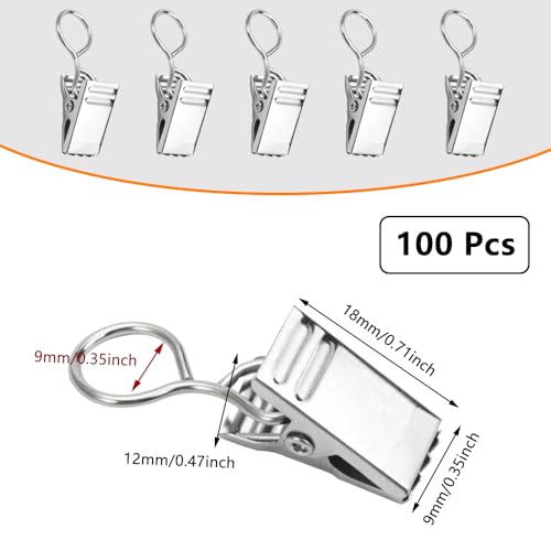 100 Stück Vorhang Clips mit Haken,Edelstahl Kleine Gardinen Klammern,18 x 9 mm Vorhang Clips Metall,Gardinen Clips,Vorhang Klammern,Vorhangclips für Vorhänge,Fotos und Licht,Duschvorhang,Silber