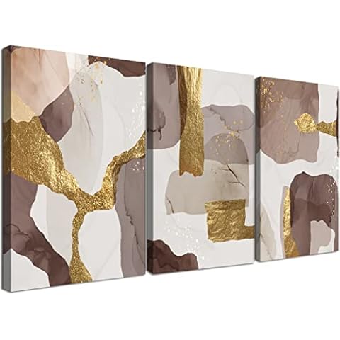 Gardenia Art Abstract Marble Canvas Wall Art Brown and Gold Canvas Print Geometric Abstract Shapes Illustrations Framed Neutral Wall Art Set for Living Room Bedroom Home Office Decor 24x16inch 3pcs Cover