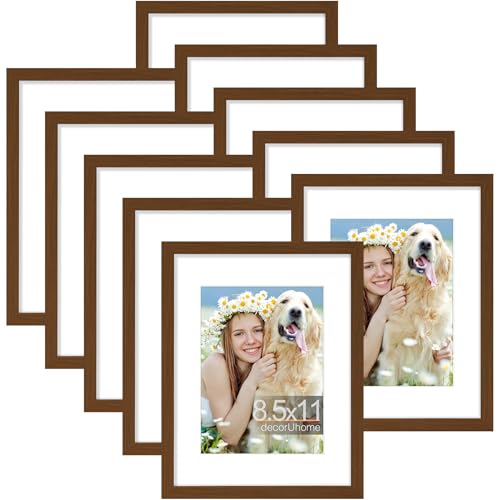 decorUhome 8.5 by 11 Picture Frame Set of 10, Display Photos 6x8 with Mat or 8.5x11 Unmatted for Picture Frames Collage Wall Decor, Brown